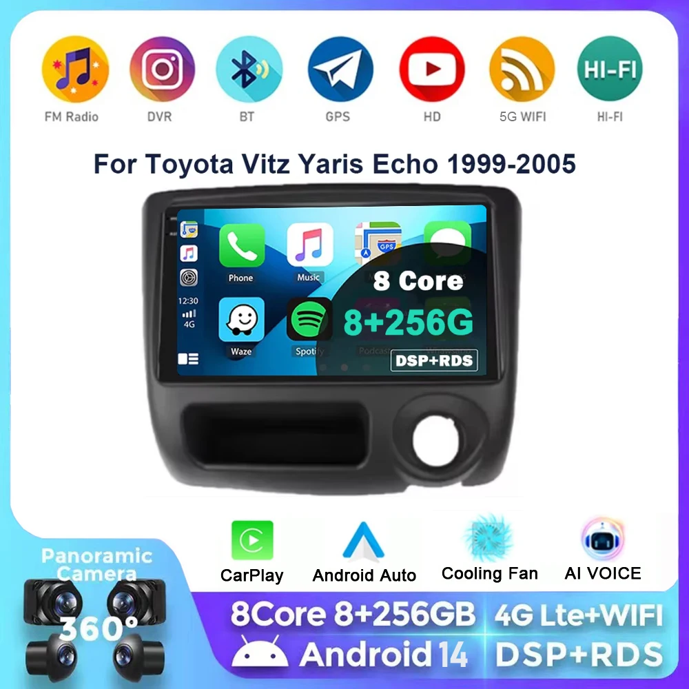 Android 14 For Toyota Vitz Yaris Echo 1999-2005 Carplay Auto Car Radio Multimedia Video Player Navigation GPS  No 2Din 2 Din DVD