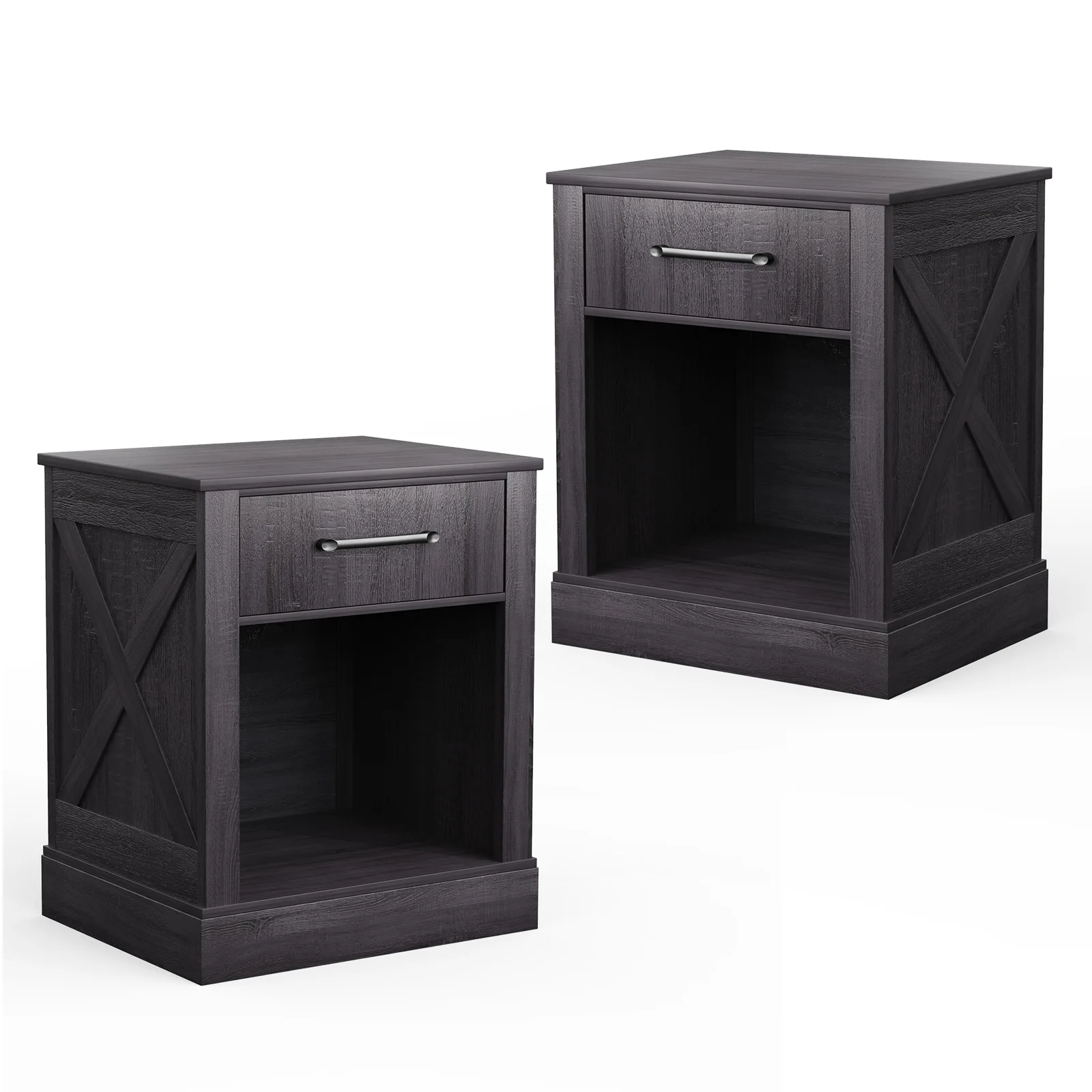 

2PCS Nightstand with Drawer and Shelf Rustic Wooden Bedside Table Bedroom Brown Black