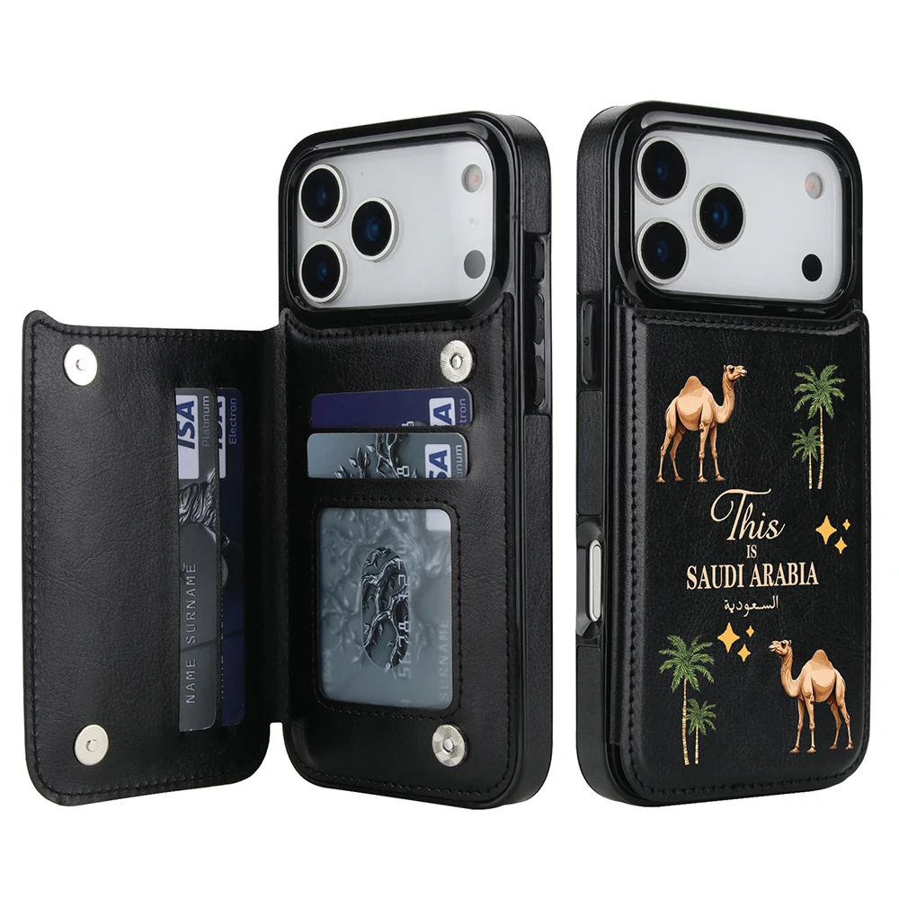 موضة المملكة العربية السعودية الجمل محفظة جلدية القضية آيفون 17 برو ماكس الهواء 17 شجرة جوز الهند حافظة للبطاقات للصدمات فوندا غطاء الهاتف