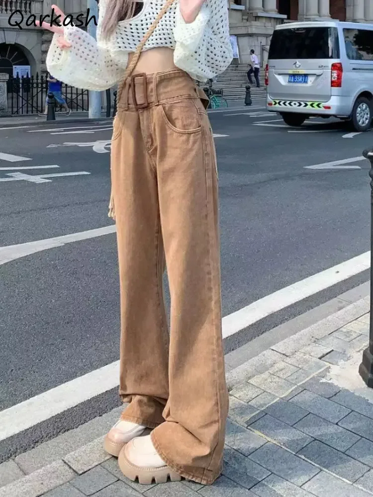 

Jeans for Women Washed Denim High Waist Belt Vintage Do Old Design Wide Leg American Style Fashion Daily Chic Spring All-match