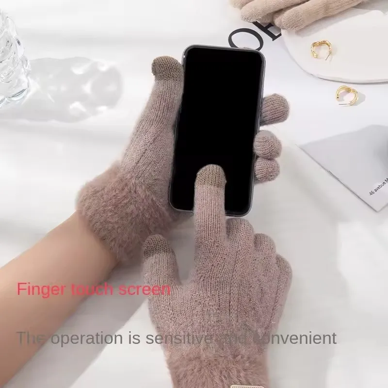 여성용 겨울 한국 니트 장갑 고탄력 따뜻한 손가락 장갑 두꺼운 스플라이싱 다용도 장갑 일상 생활 작업용