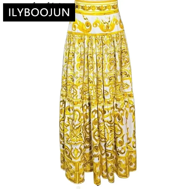 

ILYBOOJUN Fashion Designer Summer Cotton Indie Folk Print Skirt Women's High Waiste Vintage Party Skirt