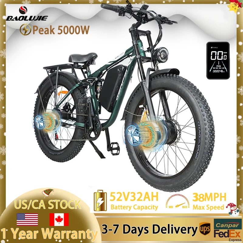 

Электровелосипед BAOLUJIE Peak 5000W 26 дюймов, съемная батарея 52V 32AH, скорость 38 миль/ч, 7-скоростной, для взрослых, с двойной амортизацией, внедорожный