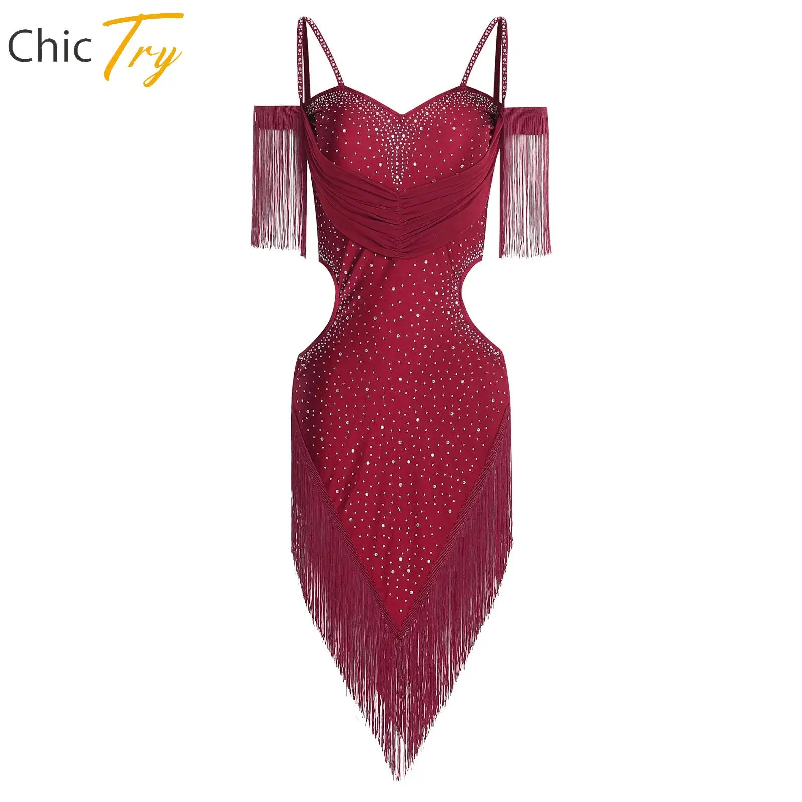 

Sleeveless Latin Dance Leotard Dress for Women Cha-Cha Tango Performance Wear Spaghetti Straps Fringe Rhinestones Fashion Dress