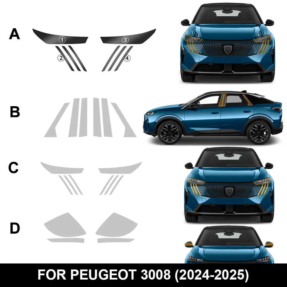 

For PEUGEOT 3008 2024 2025 Car Headlight Rearview B C Pillars Protection Film Anti Scratch Transparent Smoked Sticker TPU PPF