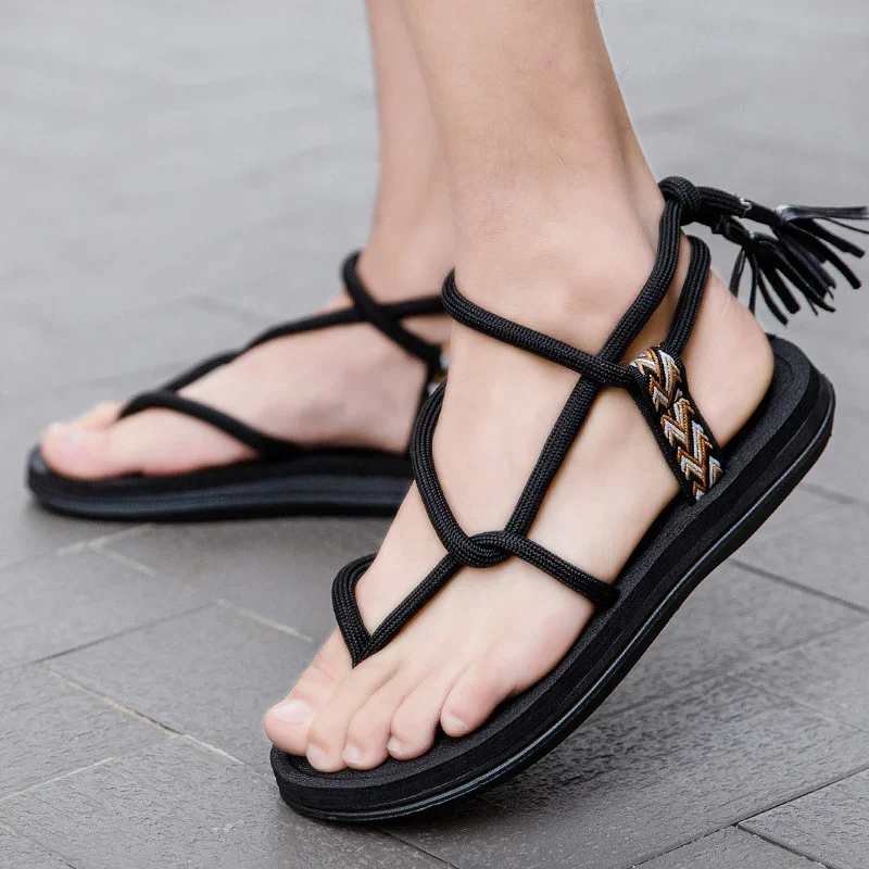 Pintoed Beach Sandals Couple Style Summer Trend Fashion Sandals Female Outerwear Rope Printed Herringbone Strap Slippers Male