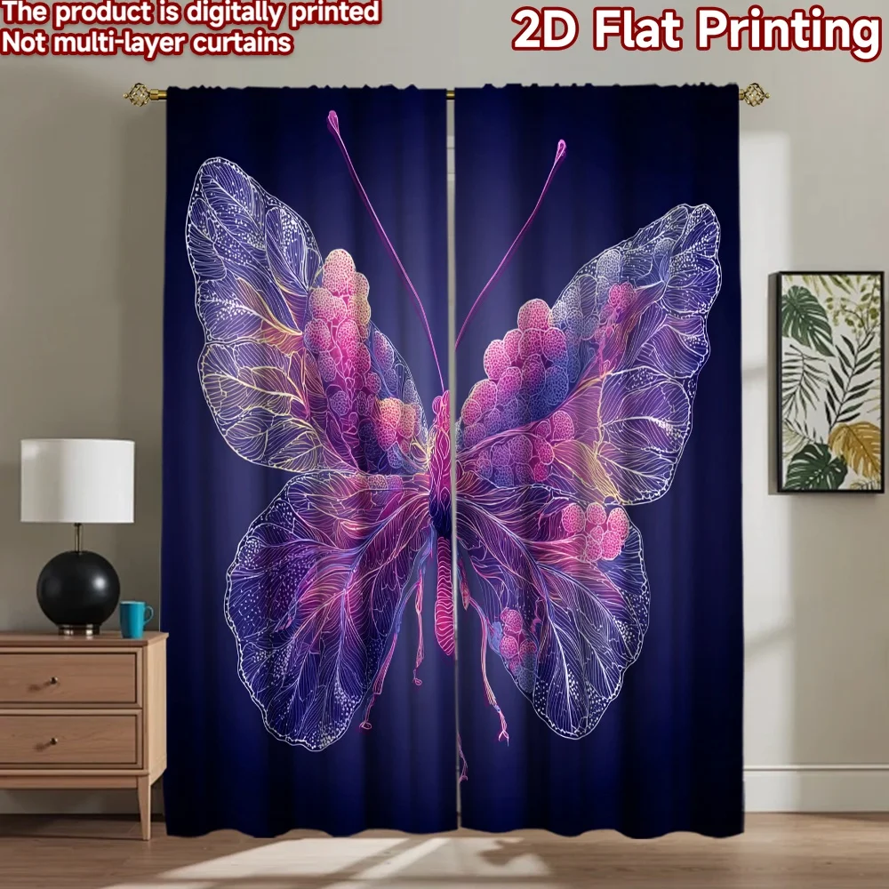 

2D flat printing 2pcs Curtains Butterfly Pink Digital Printed Polyester Drapes Festive Curtains Perfect for Home & Party