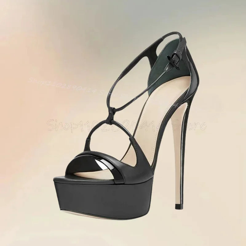 

Black Strappy Patent Leather Platform Sandals Ankle Buckle Strap Women Shoes Thin High Heels Open Toe 2024 Zapatos Para Mujere