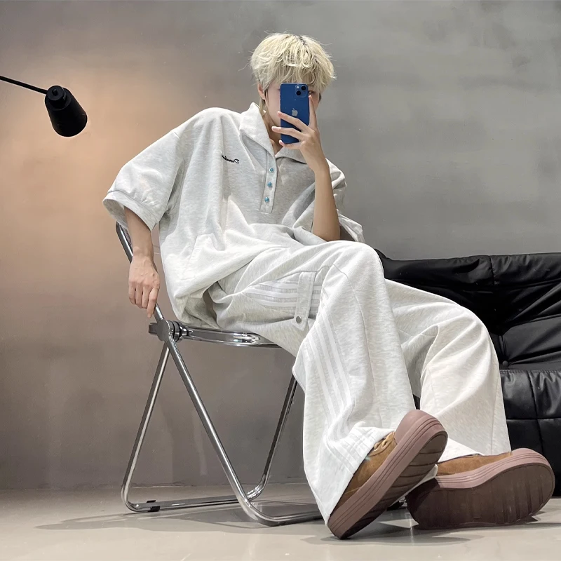 

ey Casual Sportswear Set for Men Summer Faion Flip-Collar irt ort Sve Batwing Sve Two-Piece Suit Teenage Size