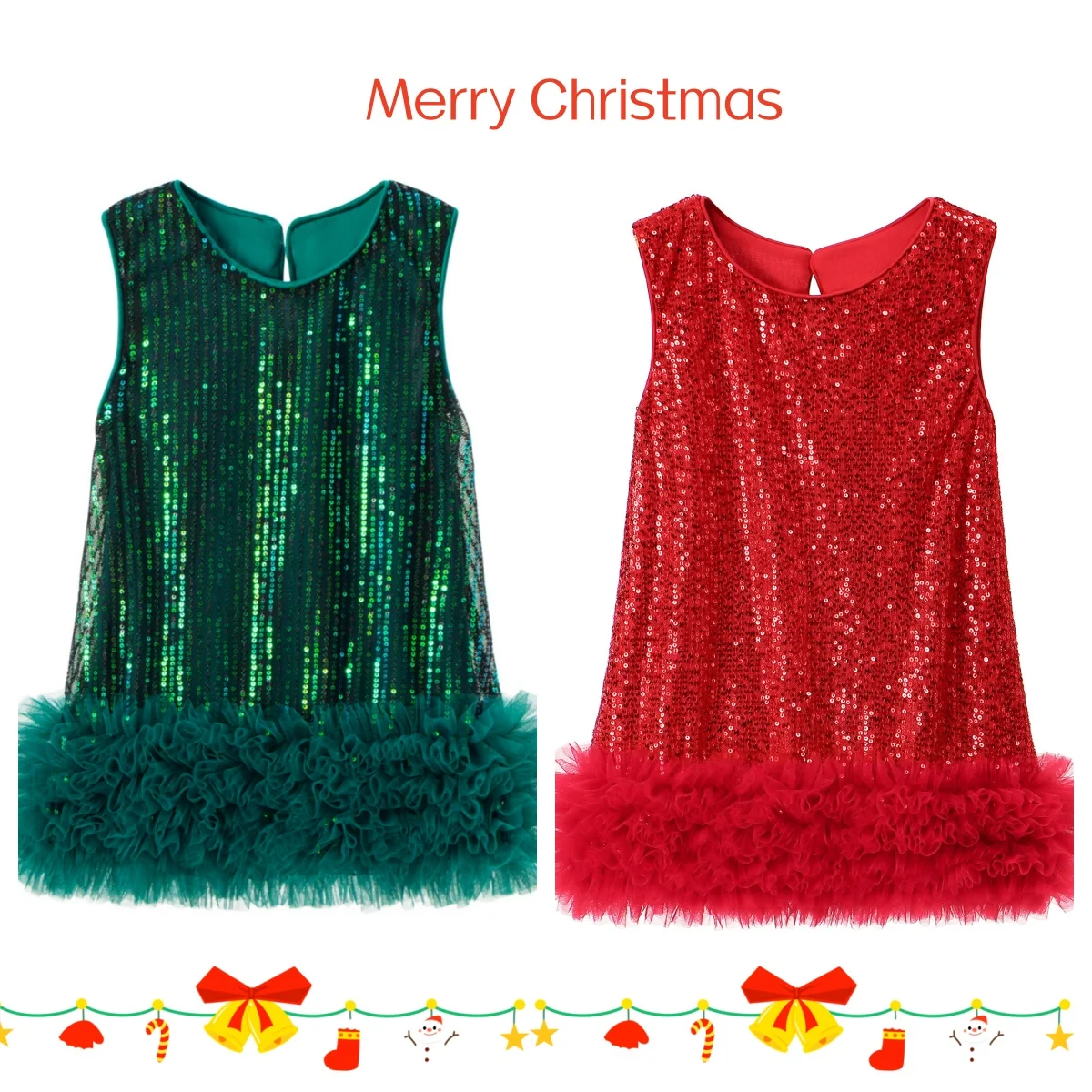 Christmas Girls' Round-Neck Sleeveless Dress, Solid Color Sequined Multi-Layered Tulle Skirt, Comfortable and Soft, Not Stuffy, Suitable for Birthday Parties, Holiday Parties, and Princess Dresses
