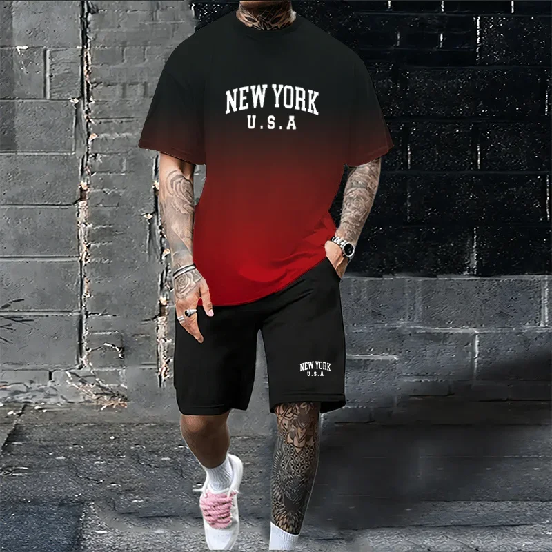 Gradient men's T-shirt New York 3D printed T-shirt fashionable casual street style pullover simple oversized men's T-shirt set