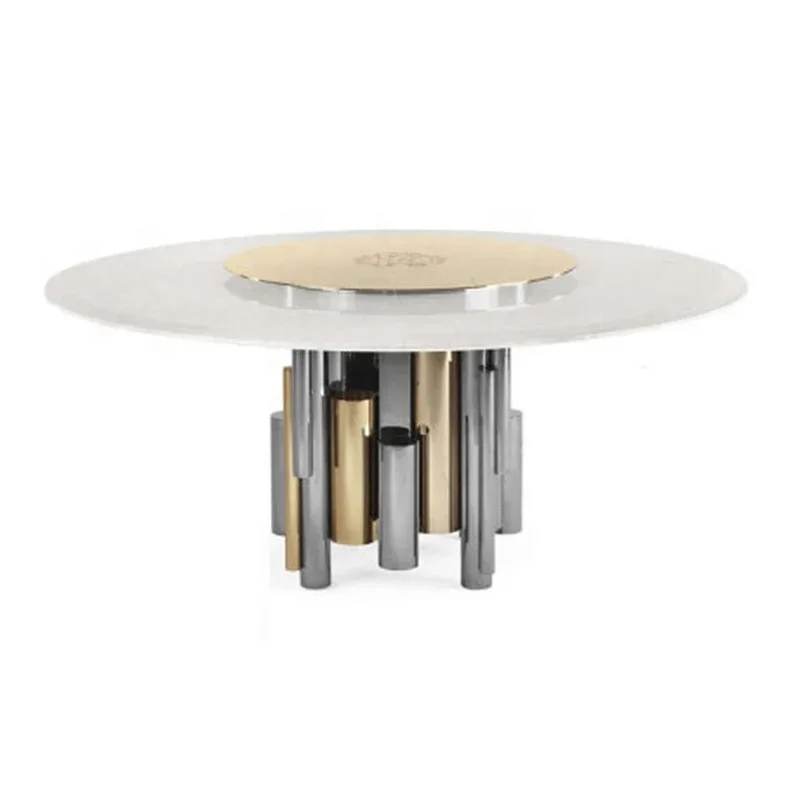 

Italy luxury stainless steel metal base round toughened glass tabletop marble round dinning table customization