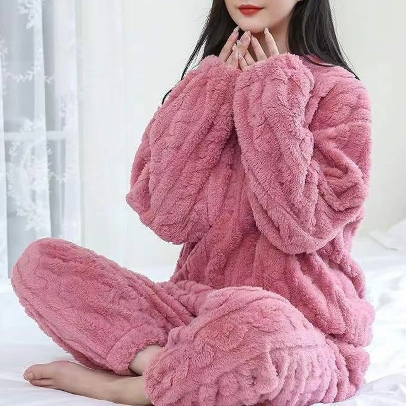 Women Fuzzy Pajama Sets Warm Cozy Fleece Oversized Pullover Pants Set Loungewear 2 Piece Homewear Winter Autumn Winter Clothing