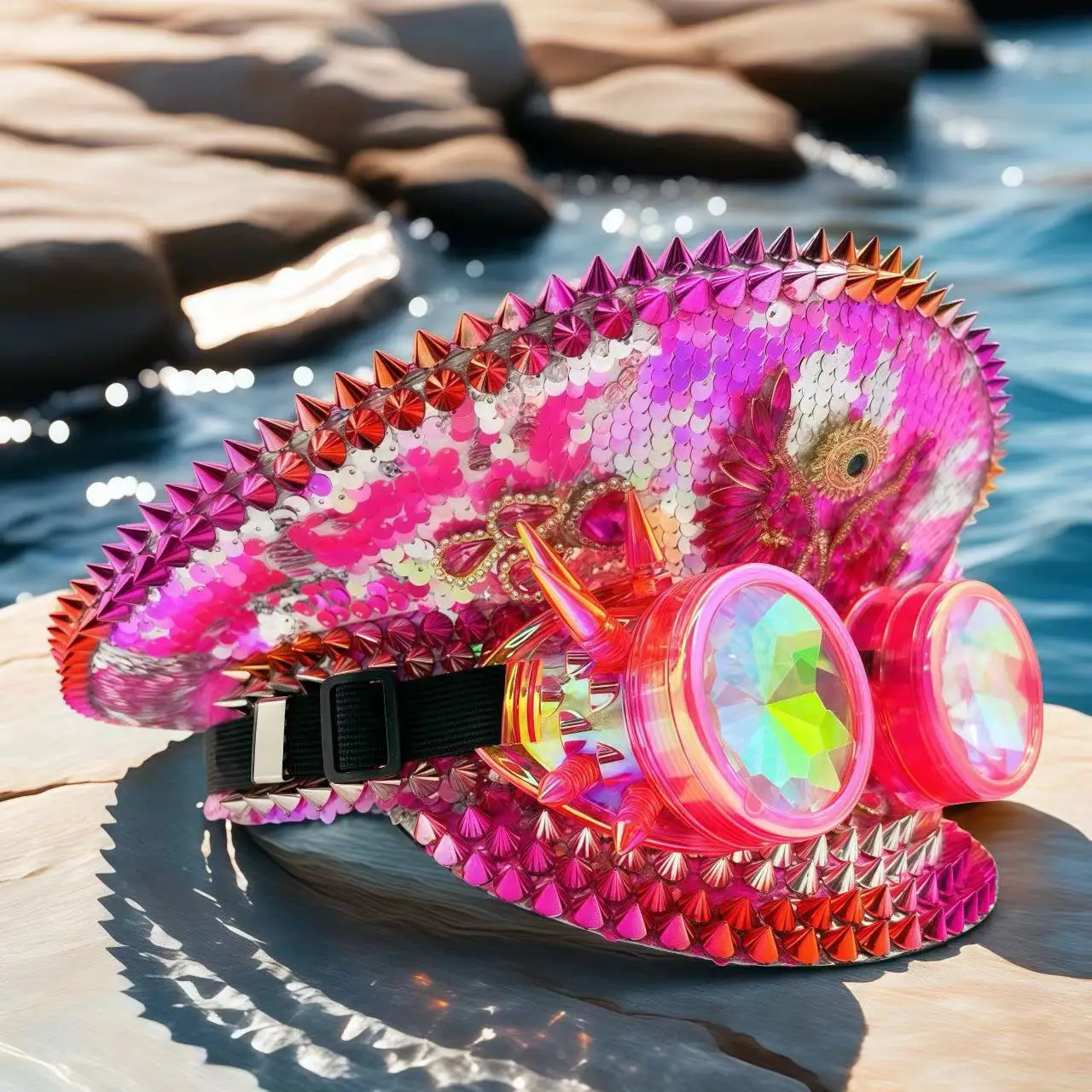 

HongLuan Steampunk Pink Captain Hat Rhinestone for Burningman Festival Woman with Goggles, Military Accessories & Cap for Man