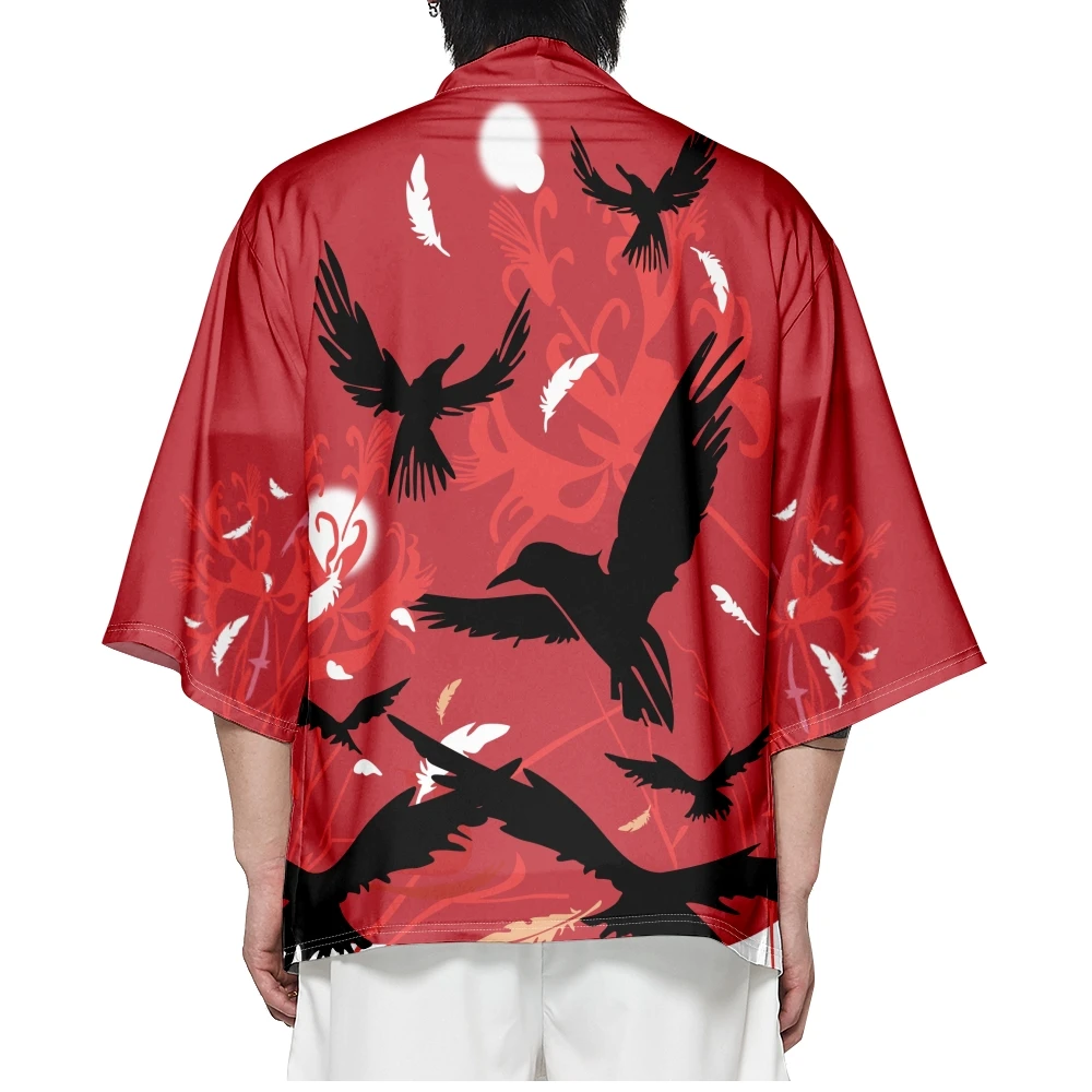 Japanese Style Crow Print Red Kimono Cardigan Cosplay Shirt 2023 Women Men Yukata Beach Haori Traditional Top