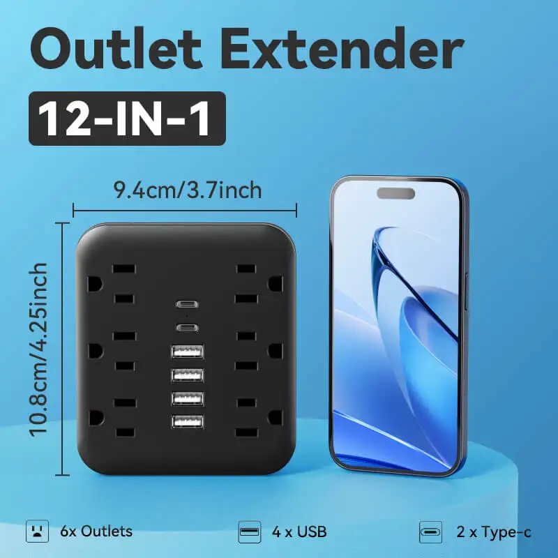 12-in-1 With 6 AC Sockets, 4 USB, 2 Type-C Ports Wall Outlet Extender - Safe, Portable, And Space-Saving Power Solution