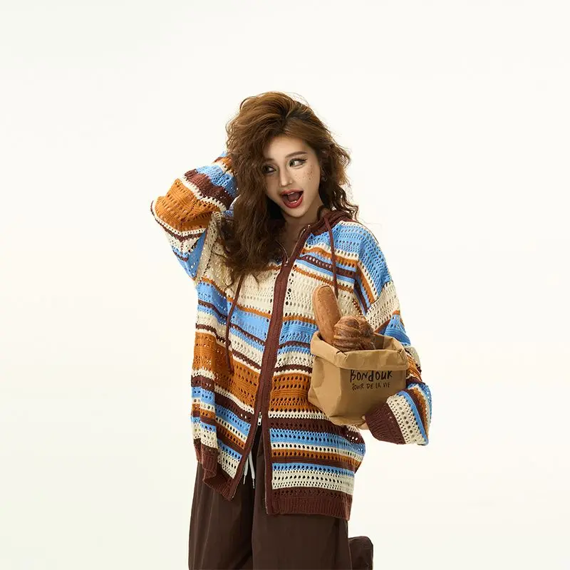 

Dopamine Retro Color Striped Hooded Sweater Knitted Cardigan Hollow Color Block Long-sleeved Atmosphere Hooded Shirt