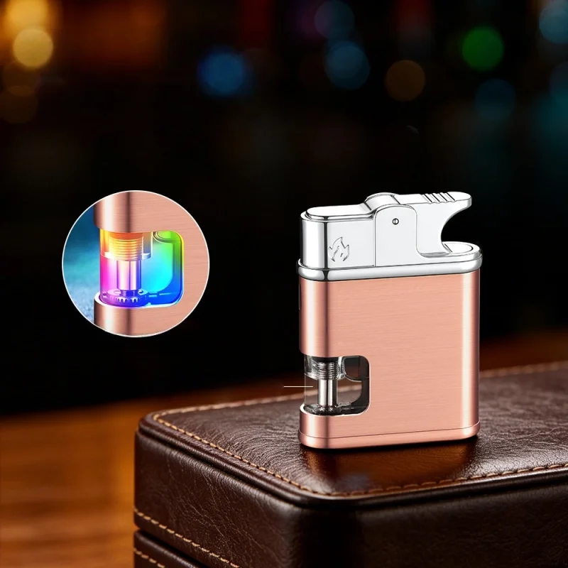 Jet‑flame Gas Lighter, Brushed Gun‑metal Shell, Color‑glowing Transparent Tank, Lever‑trigger Ignition, Wind‑proof Trendy