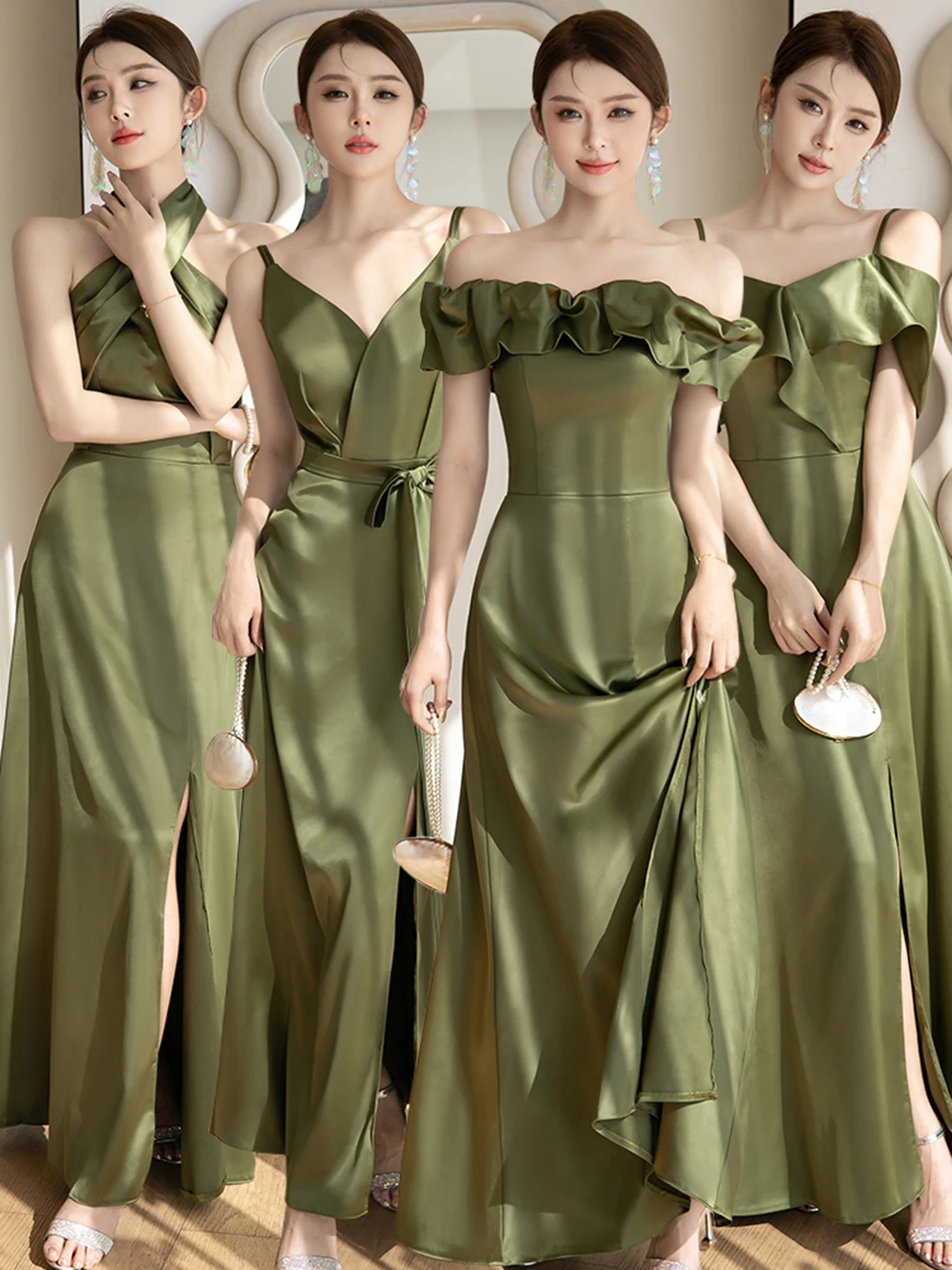 Elegant 4 Styles Grayish Green Bridesmaid Dress Women Smooth Solid Satin Sleeveless Vestido Backless Wedding Party Guest Dress