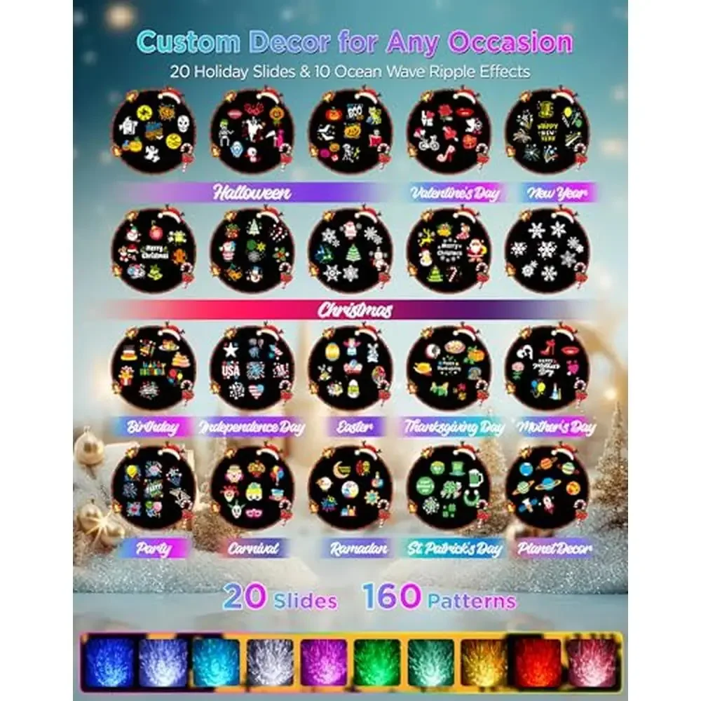 Holiday Projector Lights with 20 Slides/160 Patterns 10 Colors Ocean Wave House Display IP65 Weatherproof ABS Construction Timer