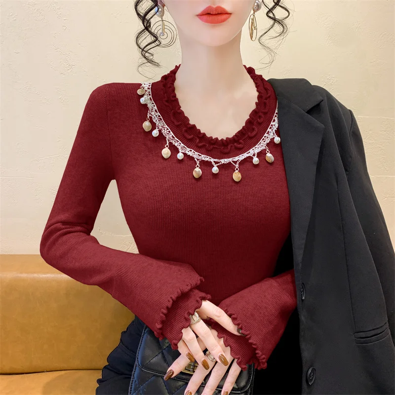 2025، جديد، أوروبي، ملابس، محبوكة، سترة، نسائي، موضة، مثير، رقبة دائرية، دانتيل عرقي، مطرز بالخرز، كم طويل، بلوفر، كشكشة، بلايز، 412125