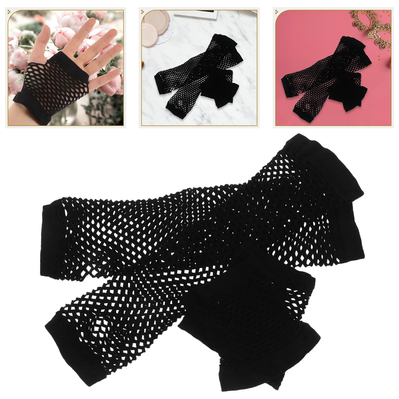 

3pcs Black Fishnet Gloves Hollowed Mesh Design Long Short Style Lightweight Arm Cover For Masquerade Party Cosplay Steampunk