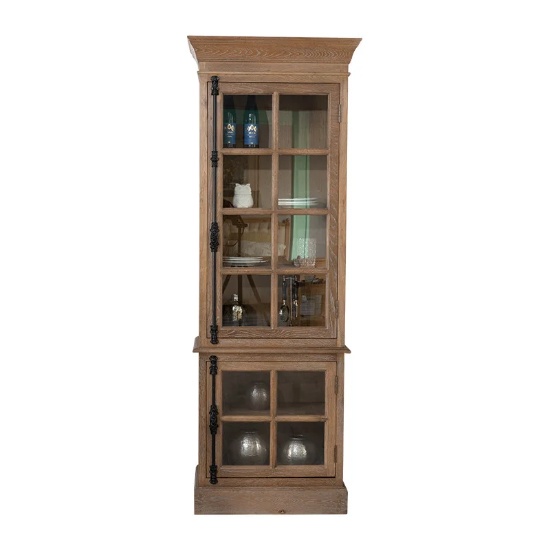

American French country retro white oak solid wood heaven and earth lock up and down wine cabinet living room old display cabine