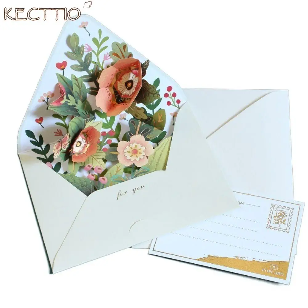 3D Flower Pop-up Greeting Cards, Romantic with Envelope, Postcard, Thank You Letter, Hot Stamped Invitation Card, Mother's Day