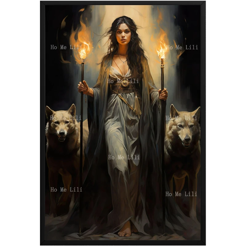 Hecate With Torches And Watchful Wolves Guide And Protector In Shadows Greek Mythology Canvas Wall Art Home Decor