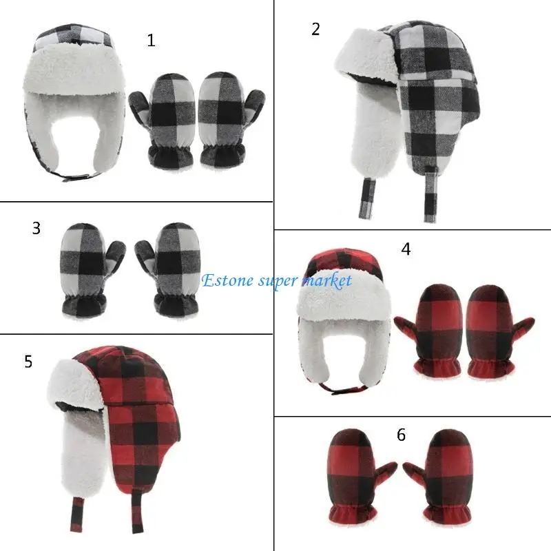 

090B Winter Warm Baby Grids Pattern Ear Flap Hat Gloves Set Cotton Lei Feng Beanie
