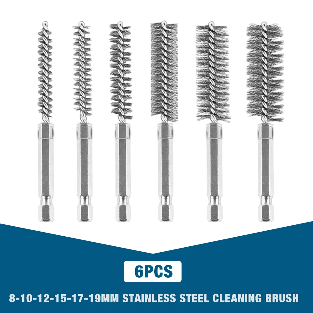 6/12-delige roestvrijstalen draadborstel, boorreinigingsborstelset, 1/4 inch zeskanthandvat, 8 mm 10 mm 12 mm 15 mm 17 mm 19 mm huishoudelijk slijp-, polijst-, reinigings- en
