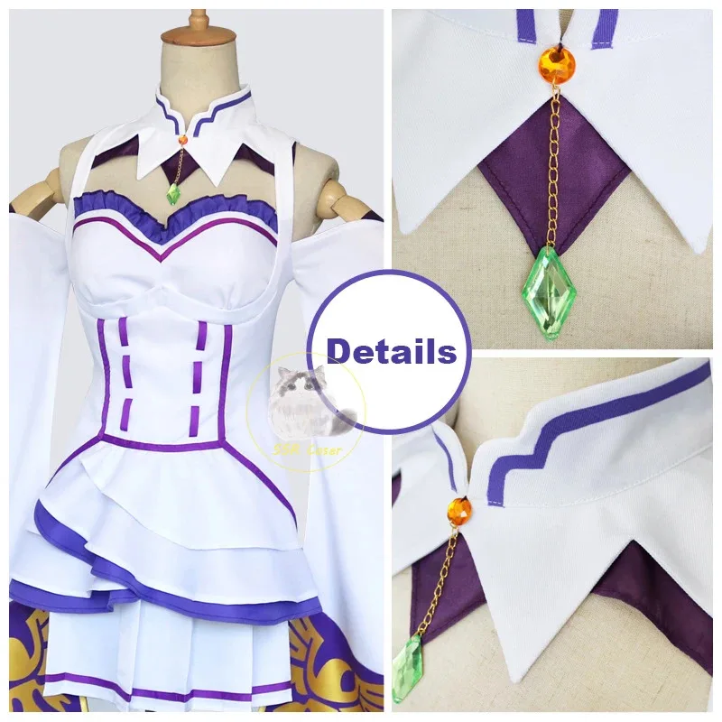 アニメ エミリア Re:ゼロから始める異世界生活 コスプレ衣装 女性ドレス ヘッドドレスウィッグ付き ハロウィンパーティー用;6'x、9;y'