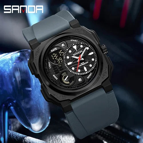 Imagen 2 del producto SANDA, nuevo reloj deportivo cuadrado para hombre, cronómetro electrónico LED para exteriores, reloj despertador con pantalla Dual, reloj de cuarzo multifunción para hombre