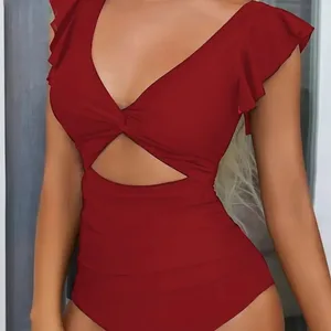 Swing of a contrasting piece of mesh, V Solid color neckline without backs belly control high cutting swimsuits, swimwear and women's clothing 8 Main Sales Female Swimsons - №7