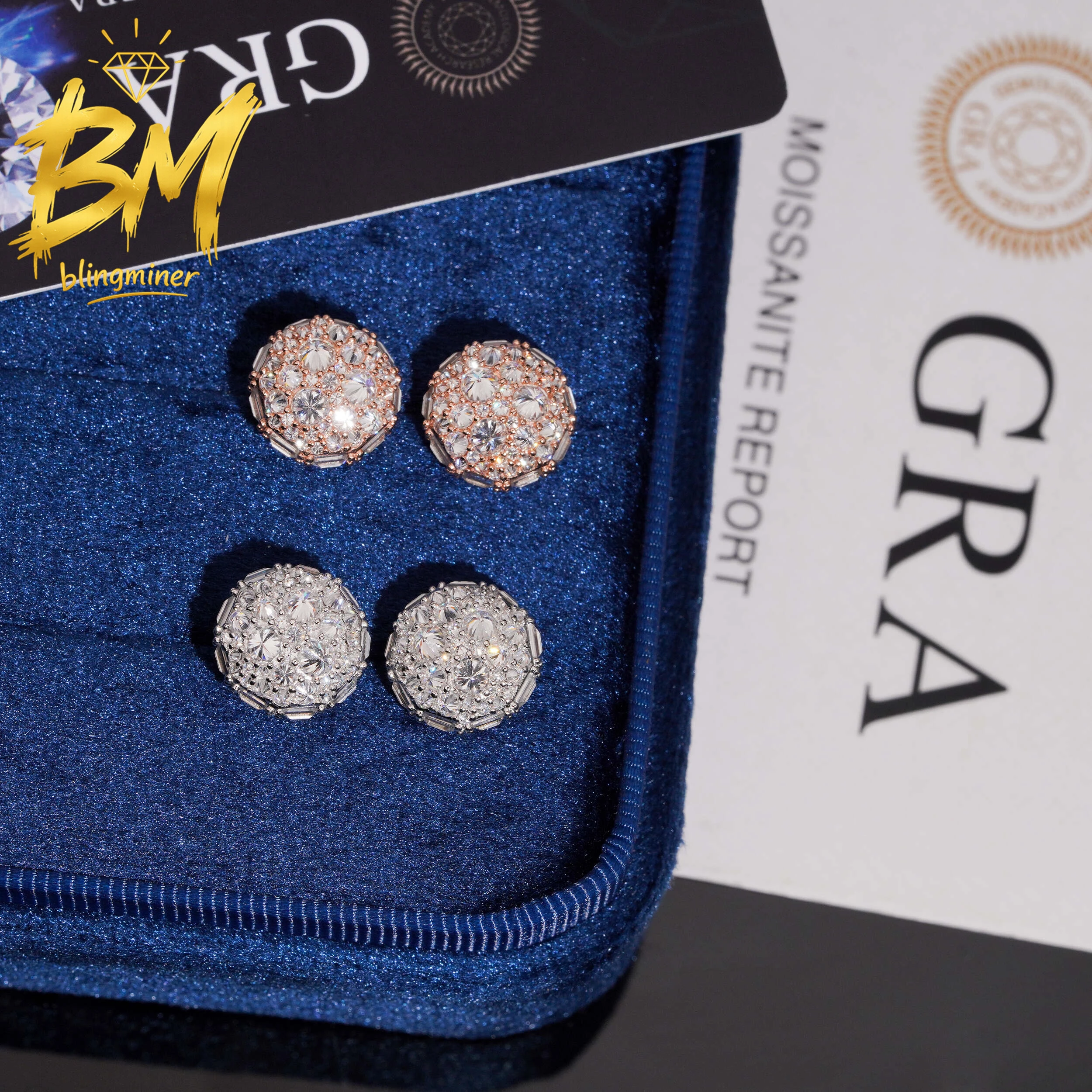

Blingminer New 12.5mm Upside Down Setting VVS Moissanite Earrings For Men Women S925 Silver bling earrings Pass Diamonds Tester
