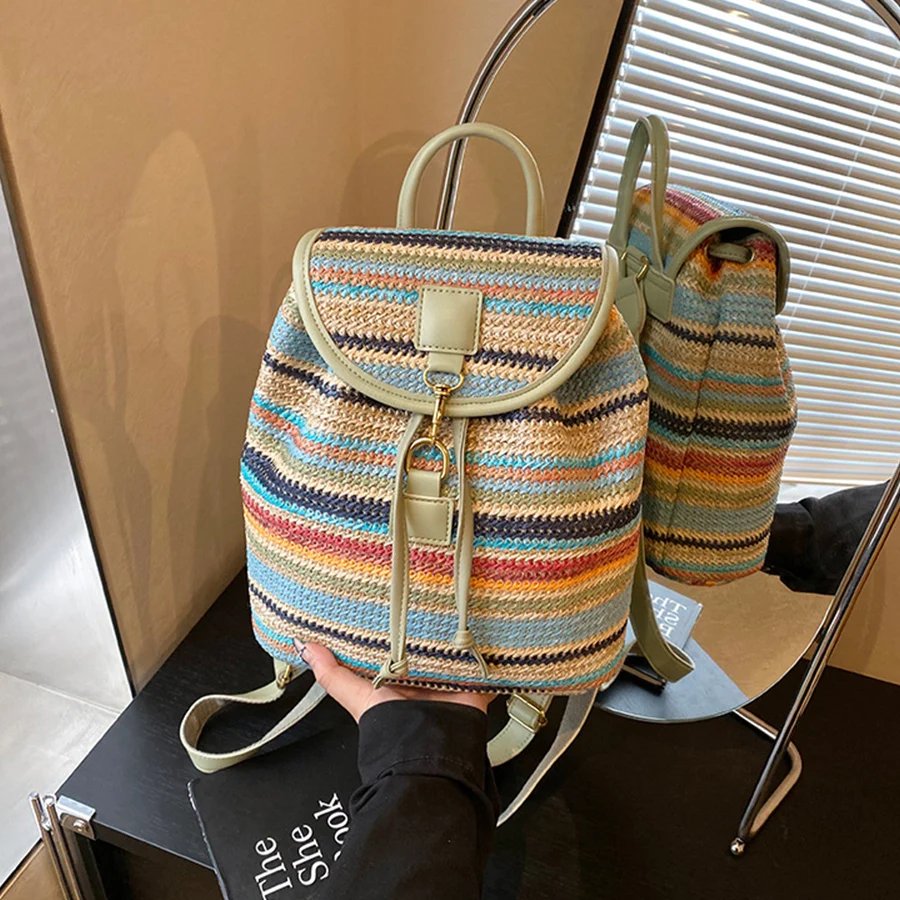 

Fashion Straw Woven Women's Backpack Stylish Ethnic Style Color Stitching Flap Backpacks Female Travel Knitted Beach Bagpack Sac