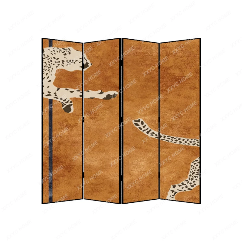 

Mobile Folding Screen American Retro Accordion Partition Modern Minimalist Leopard Figure Partition Simple Household Partition