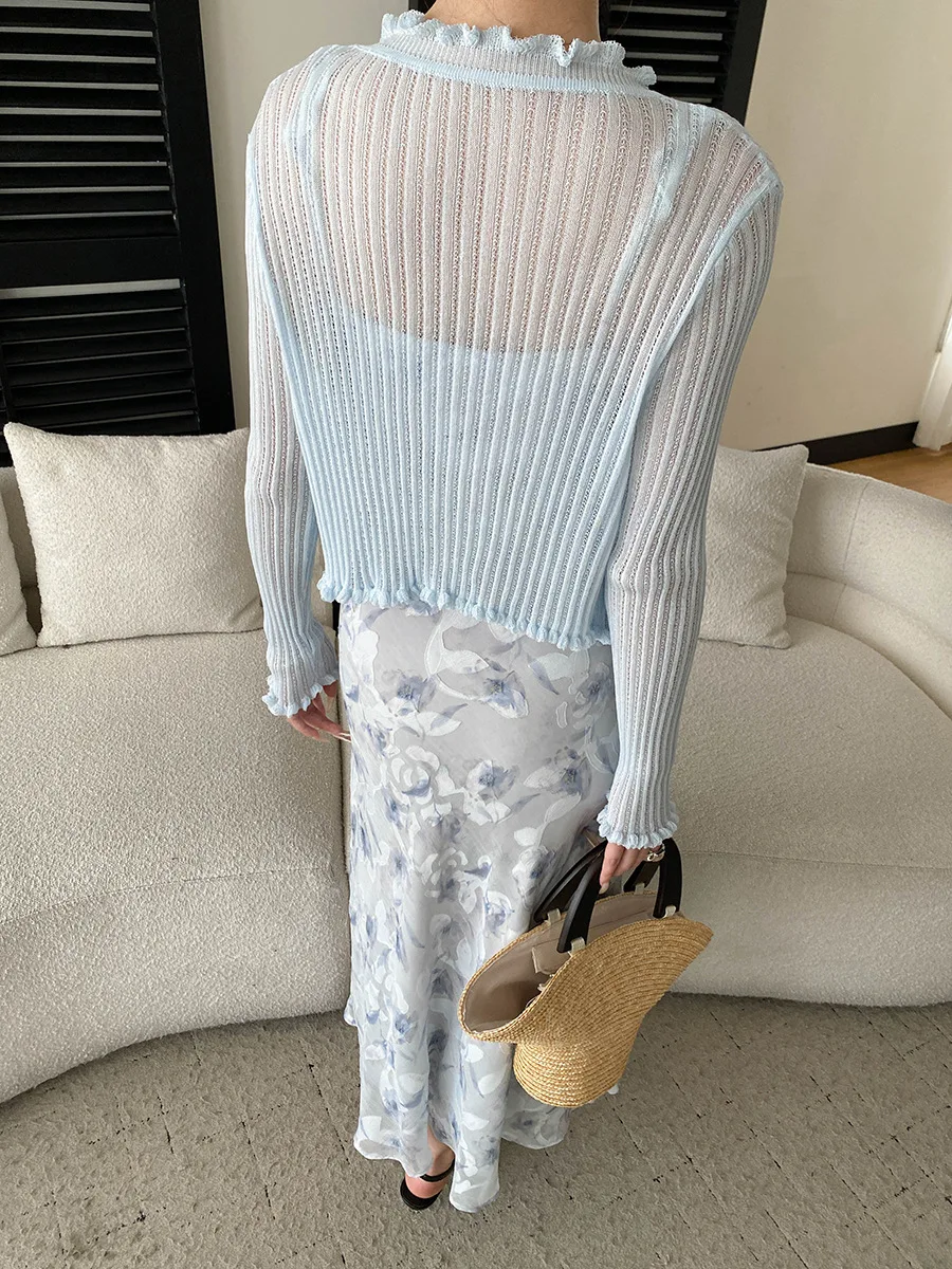 Frühlings- und Sommer-Set für Damen: Rüschenkleid mit Schnürung und Blumenmuster sowie Strickjacke – Detail 8