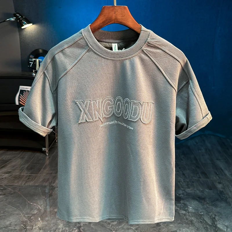 

2025 New High Street Retro Printed Round Neck Short Sleeve T-shirt for Men, Loose, Breathable, Casual Trendy Top