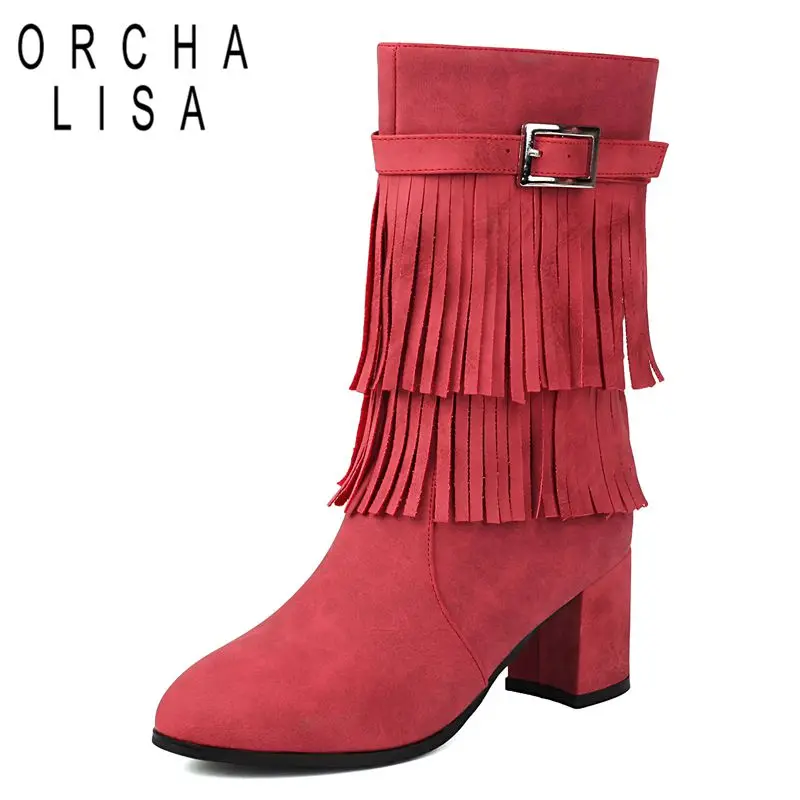 

ORCHA LISA 2025 Модные женские ботинки до середины икры с круглым носком и блочным каблуком 6 см, застежка-молния, пряжка ремня, кисточки, большой размер 45, 46 47 Dating Bota