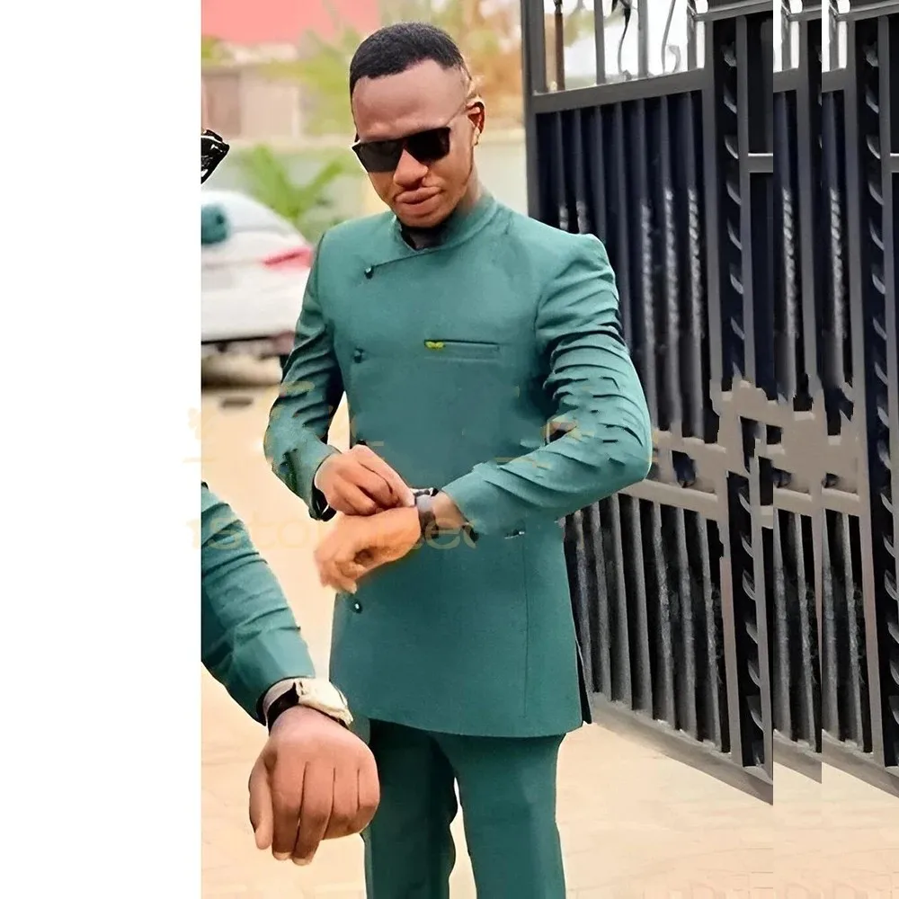 

New Men's Suits Green 2 Pieces Luxury Stand Lapel Single Breasted Slim Custom Male Clothing Daily Costume Homme Jacket Pants