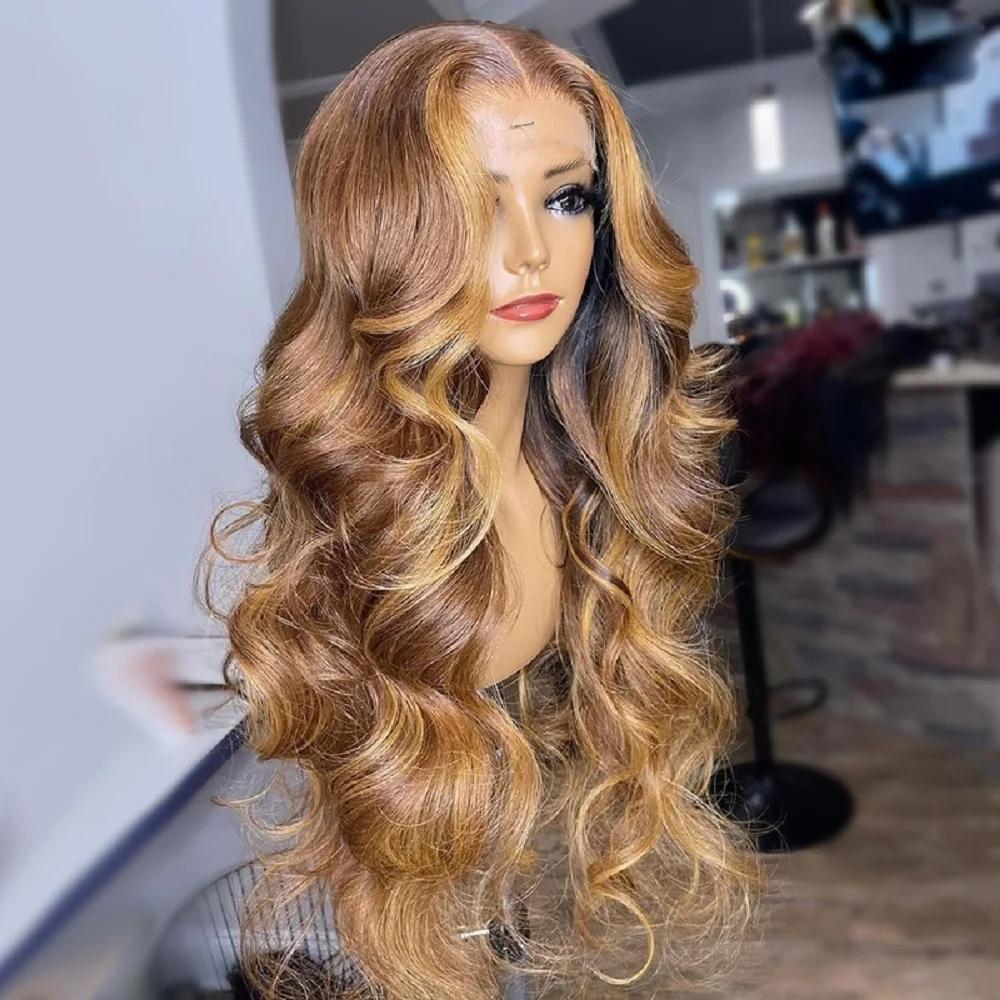 Wig Rambut Depan Lace Panjang 26 Inci, Gelombang Body Blonde Highlight Preplucked Lembut, Kepadatan 180, untuk Wanita, dengan Baby Hair dan Garis Rambut Alami