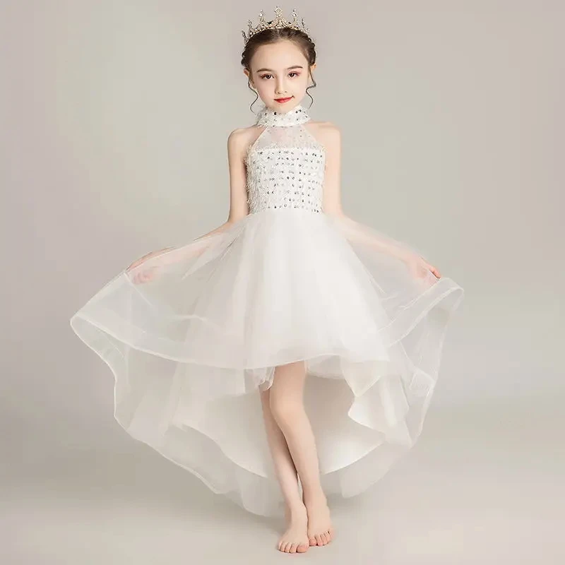 Teen Girls Princess Trailing Dresses bambini Party Fashion abiti senza maniche bambini Evening Ball eleganti costumi in Tulle di pizzo