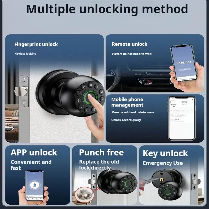 Home Security Anti-Theft Digital Lock Tuya BLE Keyless Biometric Round Knob Fingerprint Password Smart Door Lock