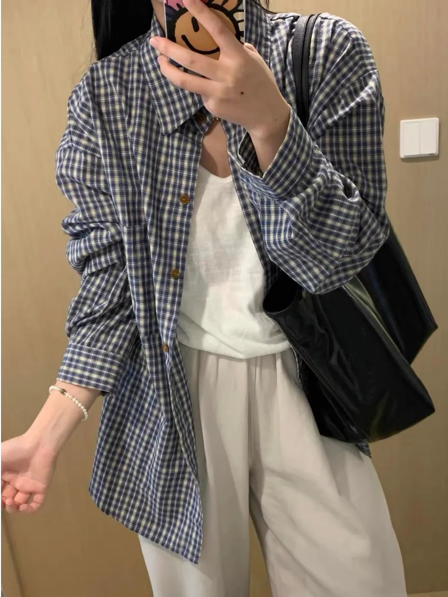 

Retro Loose Lazy Style Plaid Shirt Women Early Spring New Korean Version Casual Simple Long Sleeve Outerwear Commuting Top