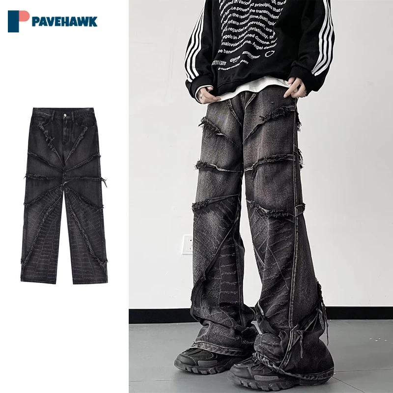 

High Street Wash Retro Jeans Man Woman Hip Hop Baggy Spider Web Flash Denim Pants Gothic Wide Leg Straight Cowboy Trousers New