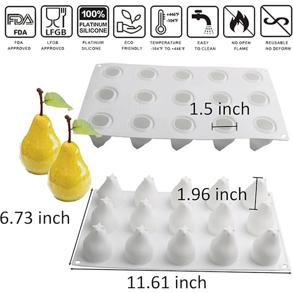 15-Cavity 3D Pear Shape Mousse Mold Silicone Baking Mold for Fondant Chocolate French Dessert Jelly Pudding Cake Decoration