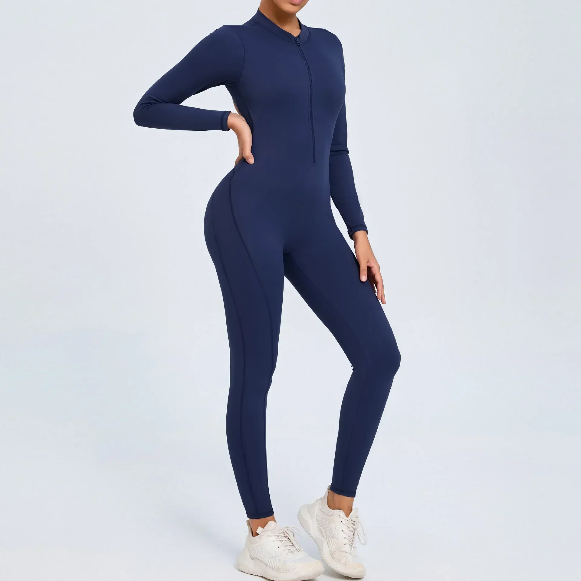 Seamless Yoga Zipper Jumpsuits Sports Fitness Beauty Back Hip-Lifting Long-Sleeved One-Piece Workout Gym Bodysuits for Women