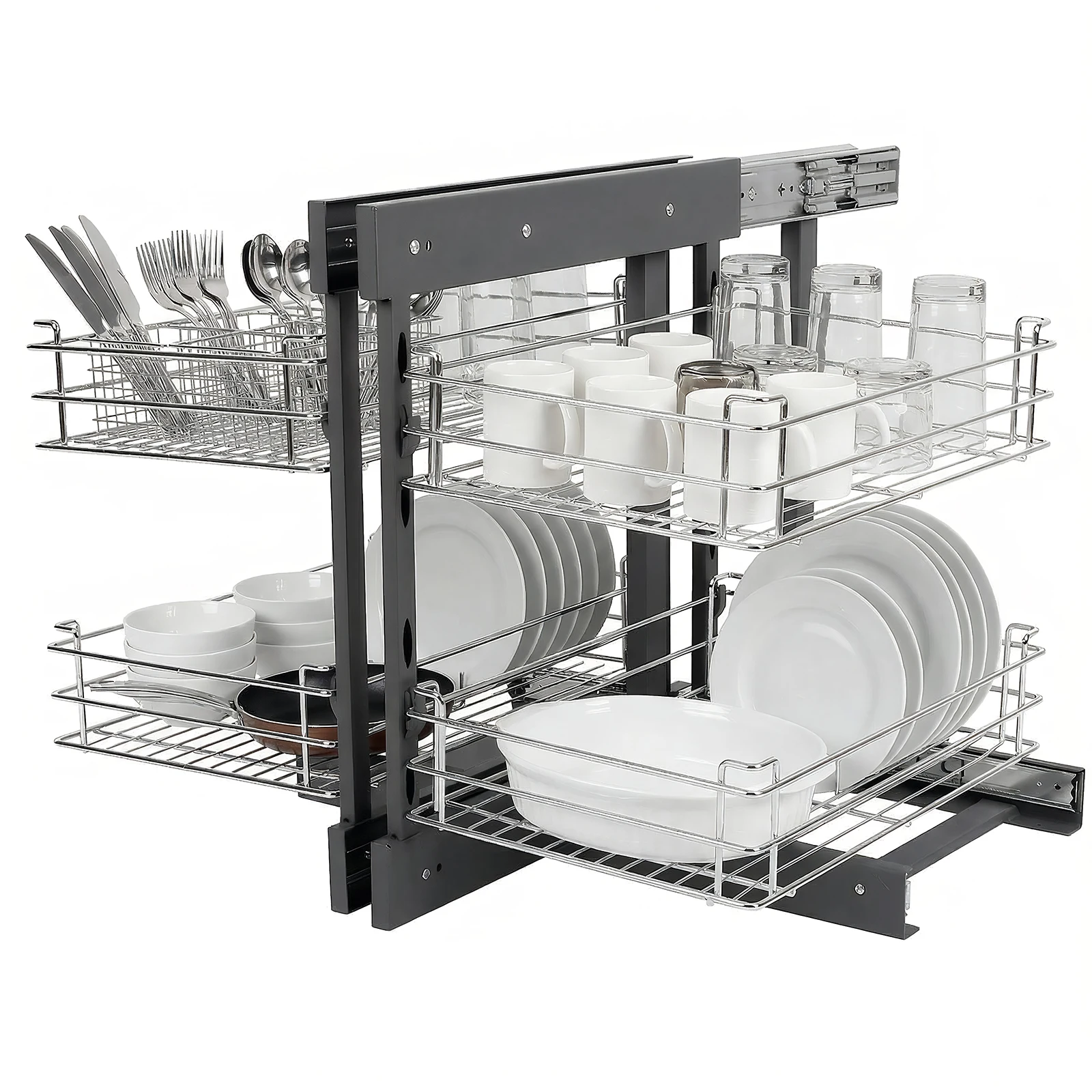 

Dual Tier Pull-Out Basket Damping Buffer Wire Full Open Corner Monster Basket Left Open & Right Open Compatible for Blind Corner