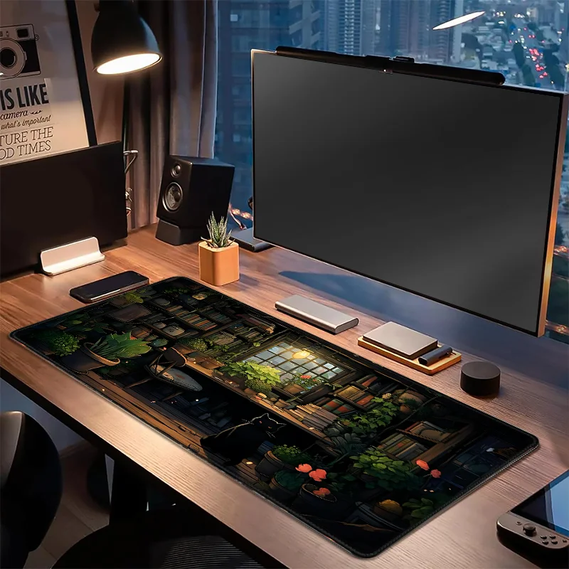 Large Gaming Mouse Pad 900x400 with Black Cat Green Plants Design mouse mat Non-Slip Rubber Stitched Edges Home Office Desk pad